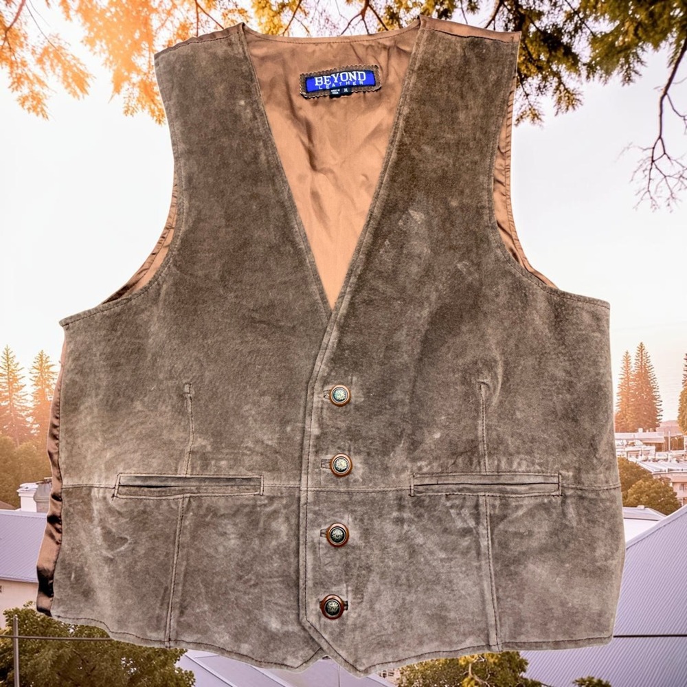 Beyond Leather Vtg 80s Mens XL Brown Suede Vest Western Cowboy Leather